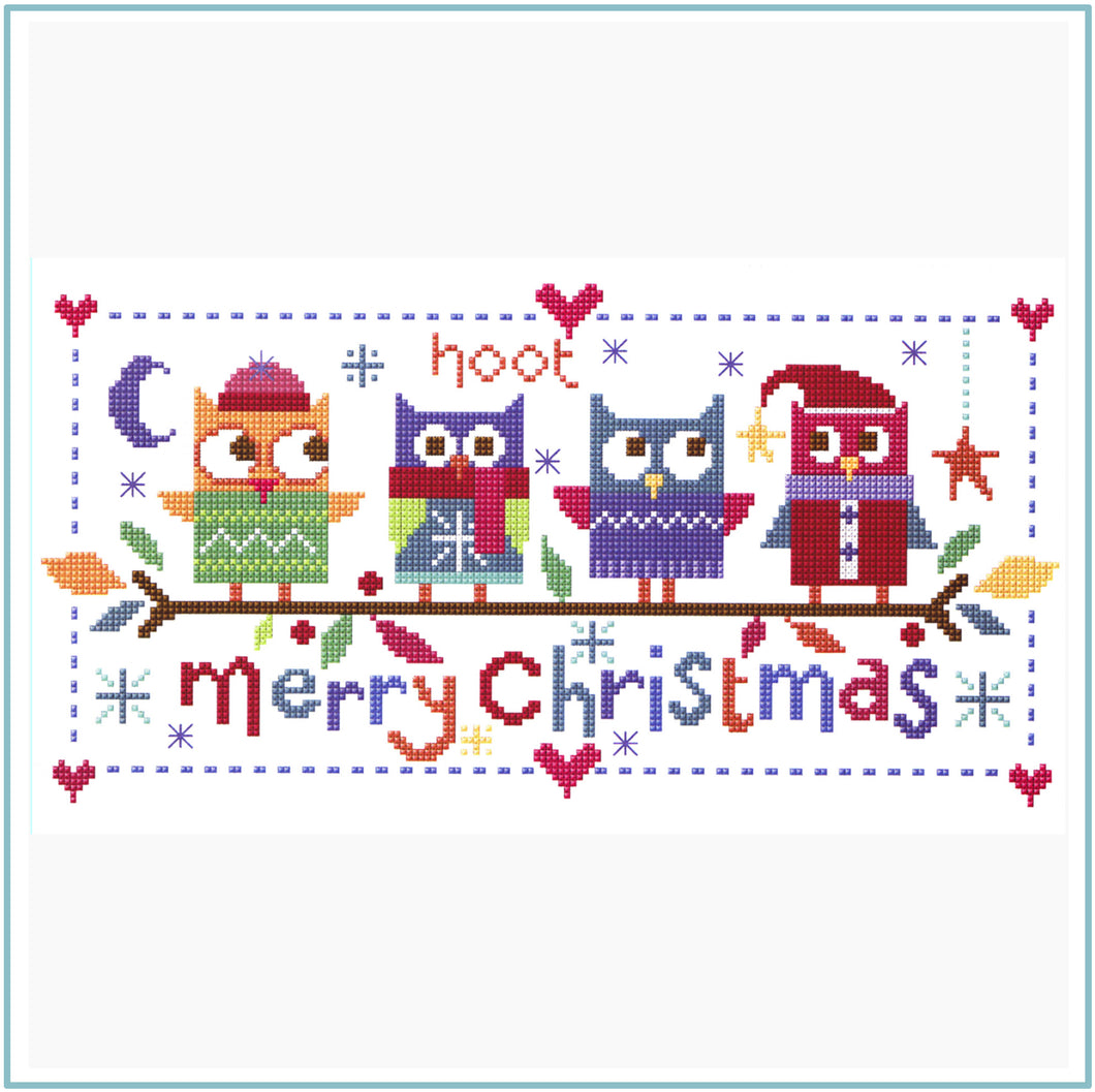 Christmas Owls Downloadable black and white cross stitch chart