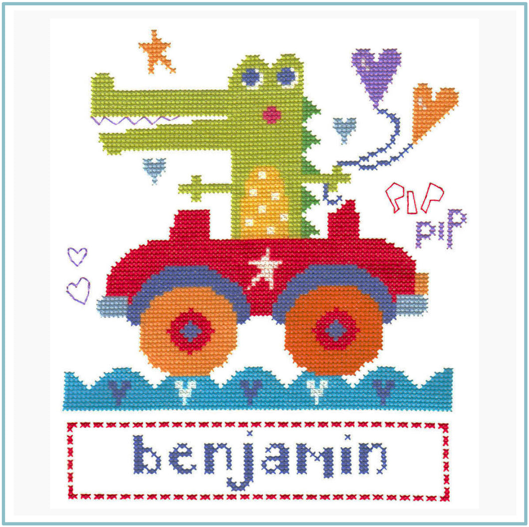 Croc and Car downloadable black and white cross stitch chart